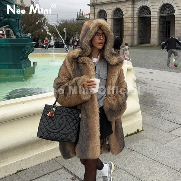 Vintage Hooded Faux Fur Coat Women Winter Slavic Style Girl Striped Fox Fur Jacket Long Overcoat