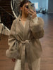 Elegant Lace Up Woolen Short Coat Solid Lapel Fur Cuffs Belt Long Sleeve Jacket Female Autumn Winter Lady Chic Cardigan