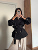Women Short Belted Trench Coat Lapel Double Breasted Long Puff Sleeve Loose Fit Jacket Casual Daily Office Ladies Outerwear