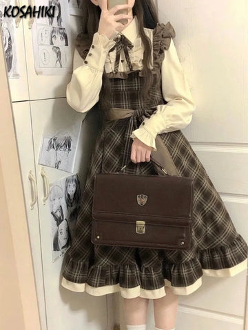 Vintage Fake Two Pieces Cute Dresses Y2k Aesthetic Plaid Patchwork Sweet Bandage Bow Vestidos Harajuku Women Grunge A-Line Dress