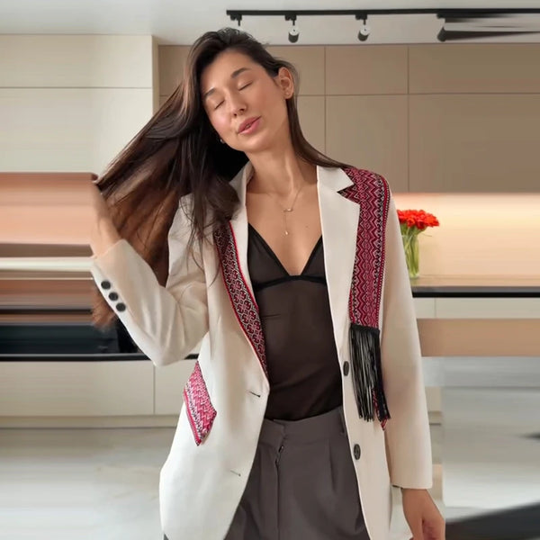 Printed Tassel Blazer Women Spliced Lapel Suit Jacket for Women Streetwear Autumn Winter Loose Casual Outerwear