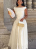 Minimalist White Boat Neck Midi Dress Women Elegant Cap Sleeve A-line Flare Eyelet Embroidery Vestido Wedding Formal Party Gown