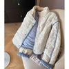 Korean Stand Collar Floral Cotton Jacket Women's Autumn Winter Warm Short Cotton Quilted Outerwear Sweet Design Blue Tops
