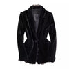 Women's Black Velvet Blazer Jacket with Gold Accents & Lace Trim Spring Autumn Cropped Suit Top Outerwear w1532