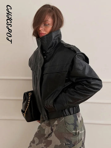 Women's Cropped Jackets Stand Collar Epaulets Long Sleeve Oversized Faux Leather Jacket Autumn Female Solid Coats Outerwears
