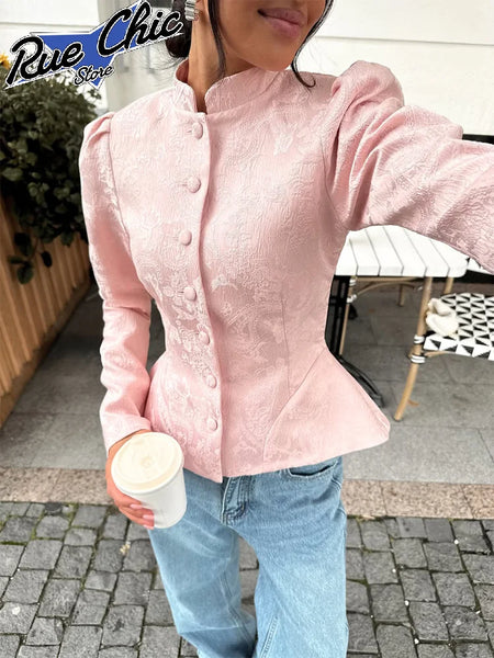 Solid Color Jacquard Glossy Satin Tops Women Chic Stand Collar Single Breasted Slim Fit Short Coats Lady Daily Outwear