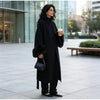 Lady Long Wool Blend Coat Stand Collar Faux Fur Cuffs Belted Waist Loose Oversized Maxi Wrap Outerwear Elegant Winter Overcoat