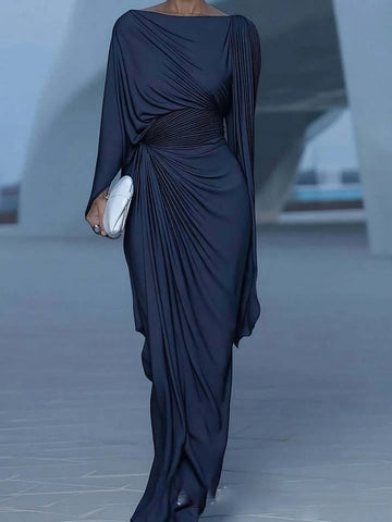 O-neck Irregular Draped Maxi Dress Women Sexy Split Bat Sleeves Solid Long Dress Elegant Temperament Slim Gowns Dresses