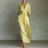 Bohemian Elegant Lace-up High Waist Long Dress Woman Turn-down Collar Hollow Party Dress Spring 3/4 Sleeve Pocket Maxi Dress
