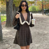 Casual Plaid Print Mini Dress Women Loose Lapel Lace Splice Long Sleeve Dress Party Vacation Clothes Female