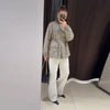 Casual Grid Drawstring Loose Coat Women Stand Collar Button Waist-Closed Female Jacket Spring Lady Street Outwears Chic