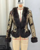 Floral Jacquard Faux Fur Trim Coat Women V Neck Single Button Full Sleeve Furry Cuff Jacket Lady Vintage Winter Warm Party Coats