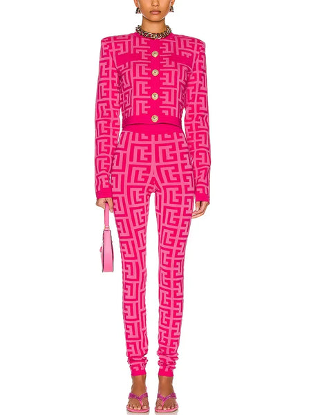 High Street Designer Jacket Women's Lion Buttons Monogram Geometric Jacquard Knitted Sweater Cardigan