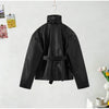 Broad Shoulders Lace up Leather Jacket Lady Zipper Solid Color Long Sleeve Loose Casual Coats Street Women's Jackets