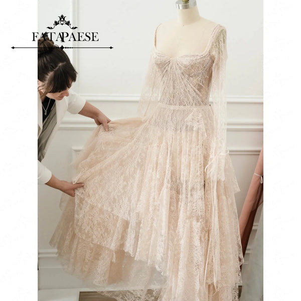 Evening Dresses Customize A-Line Square Neck Women'S Formal Evening Gowns Floor-Length Ruffles Lace Long Sleeves Elega