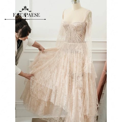 Evening Dresses Customize A-Line Square Neck Women'S Formal Evening Gowns Floor-Length Ruffles Lace Long Sleeves Elega