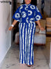 5XL Vonda Plus Size 2 Piece Outfits Autumn Women Bohemian 3/4 Sleeve Shirts Wide Leg Pants Print Vintage Pant Sets 2PCS