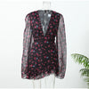 Women Chic Floral Print Deep V Neck Long Sleeved Waist Cinching Dress Layered Ruffle Hem Mini Dresses Elegant Party Daily Robes