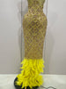 Sparkly Red Rhinestones Feather Sexy Mesh See Through Long Dress Women Birthday Evening Nightclub DJ Dancer Stage Costume