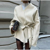Elegant Fleece Women's Coat Solid V-neck Long Sleeve Belted Lace-Up Cardigan Jacket Autumn Winter Outerwear Female Tops