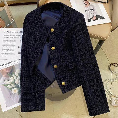 Korean Navy-blue Tweed Short Jacket Women's Woolen Coat Spring Autumn O-neck Slim Casual Blazer Tops Streetwear Lady Outerwear
