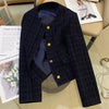 Korean Navy-blue Tweed Short Jacket Women's Woolen Coat Spring Autumn O-neck Slim Casual Blazer Tops Streetwear Lady Outerwear