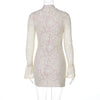 Turtleneck Long Flare Sleeve Patchwork Lace Hollow Out Button Sexy Mini Dress Spring Women Clothes Party Nightclub