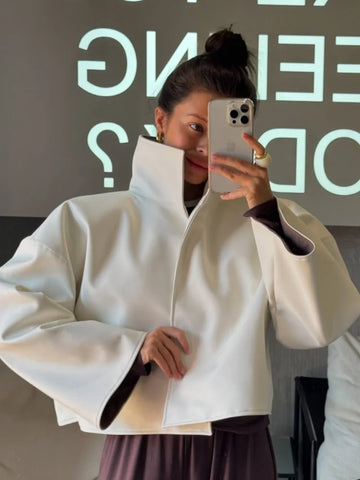 Chic Women Cropped PU Leather Jacket Stand Collar Wide Flare Sleeve Asymmetrical Wrap Open Front Coat Autumn Loose Jackets