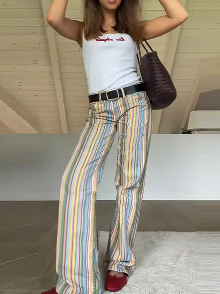 Multicolor Striped Low Waisted Pants Straight Leg Full Length Retro Colorful Trousers Spring Casual Lady Daily Wear