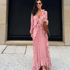 Casual Solid Ruffles Patchwork Robe Women Minimalist Full Sleeve Mesh Loose Fit Lace Up Maxi Dress Vacation Daily Date Wear