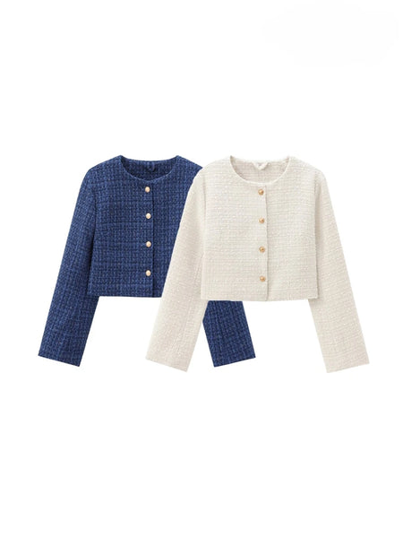 Women's Tweed Crop Jacket with Golden Buttons, O Neck, Long Sleeve Coat, Female Outerwear, Chic Tops