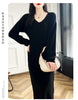100% Merino Wool Women Long Dress Sweater V-Neck Pullover Long Dress Versatile Cashmere Knitwear Bottoming Clothing