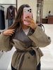 Women Cropped Trench Coat Faux Leather Spliced Epaulets Belted Waist Loose Fit Khaki Short Jacket Vintage Ladies Outerwear