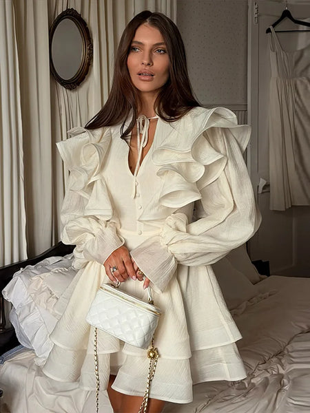 Solid Ruffle Mini Dress U Neck Long Puff Sleeve Tie Neck Tiered Hem Sweet Style Gown Soft Pastel Tones Chic Women Outfit