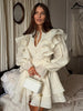Solid Ruffle Mini Dress U Neck Long Puff Sleeve Tie Neck Tiered Hem Sweet Style Gown Soft Pastel Tones Chic Women Outfit