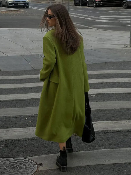 Elegant Women's Woolen Overcoat Solid Lapel Double Breasted Full Sleeve Long Coat Autumn Winter Lady Outwear