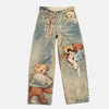 Autumn Winter Niche Design Print Contrast Color Loose Jeans For Women Straight Wide-leg Denim Pant 1A1517