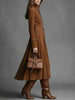 Elegant Suede Vintage Women's Dress Brown Zipper Slim Lace Up A-Line Autumn High Street Chic High Neck Long Sleeve Midi Dresses