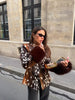 Women Leopard Print Stand Collar Waist Cinched Faux Fur Short Coat Fluffy Cuff Outerwear Winter Ladies Warm Furry Jacket