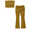 Olive Green Slim Pant Sets Women's Two Pieces Set Crop Off Shoulder Ruffled Tube Top Outfits Mid Waist Flares Trousers Sets
