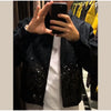Black Sequined Jacket Lapel Neck Dull Sleeve Zipper Pocket Coat Spring Autumn Female High Street England Style Outewear