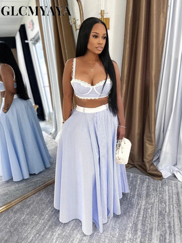 striped patchwork Women's Dress Set Strap Crop Tops and a-line long Maxi Skirts Suit Vacation Two 2 Piece Sets Outfits