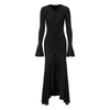 Women Elegant Ruffle Hem White Long Dress Shirring V-neck Flare Long Sleeve Dresses Evening Party Robes Vestido