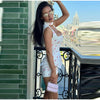 Women's White Floral Print Wide-strap Cami Dress With Waistband Satin Bodycon Mini Dresses Lady Elegant Party Robes