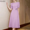 Elegant Chic Fabric Flower Womens Midi Dresses O-Neck Short Puff Sleeve Fitted Waist A-Line Dress S-3XL