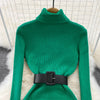 Elegant Turtleneck Long Sleeve Knit Soft Tight Pencil Dress with Belt Slim Warm Sweater Vestido Sexy Women Winter Robe