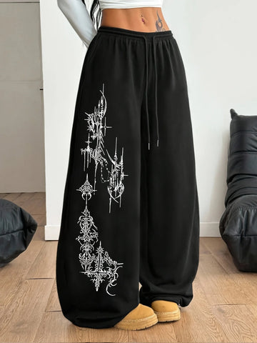 Women's Street Style Casual Sweatpants with Punk Style Patterns for Spring Fleece Loose Fit Streetwear Oversized