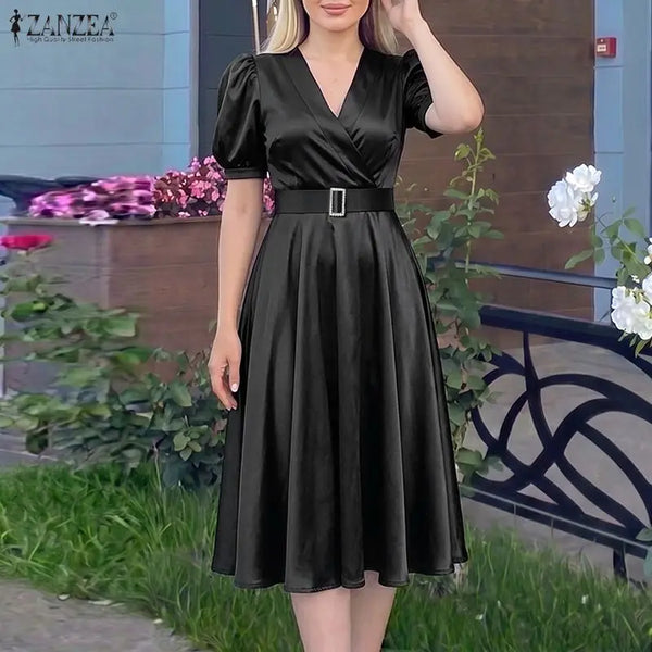 Women Silky Satin Party Midi Dress Elegant V-Neck Short Puff Sleeve Belted A-Line Dress Graceful Cocktail Vestidos Mujer
