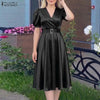 Women Silky Satin Party Midi Dress Elegant V-Neck Short Puff Sleeve Belted A-Line Dress Graceful Cocktail Vestidos Mujer