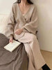 Women's Knit 2 Piece Set Lace-up Gathered Wast Cardigan Coats High Waist Wide Leg Pants Winter 26C1023